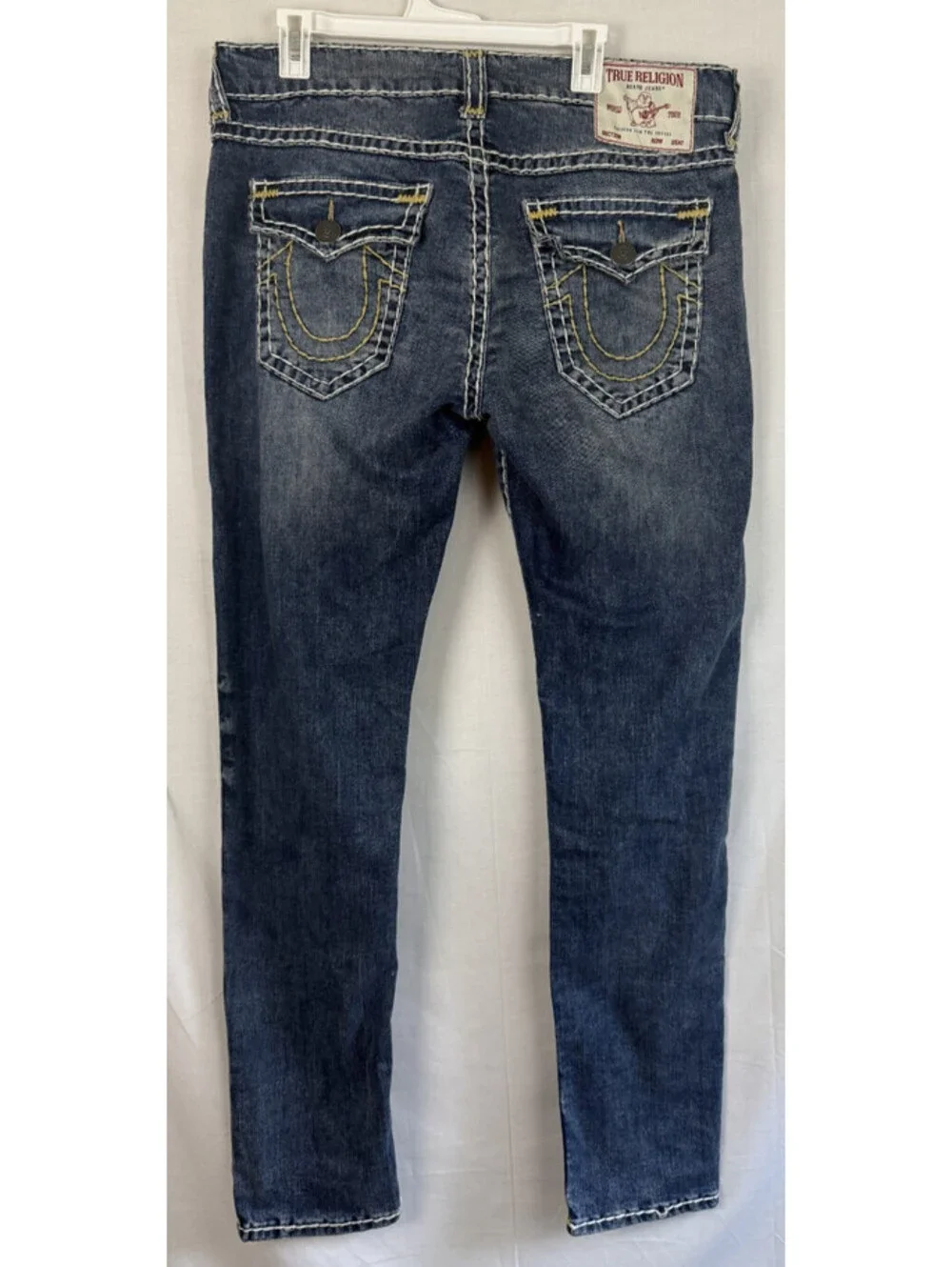 True Religion ROCCO Relaxed Skinny Mens Sz 36 x 34 Blue Denim Jeans Thick Stitch